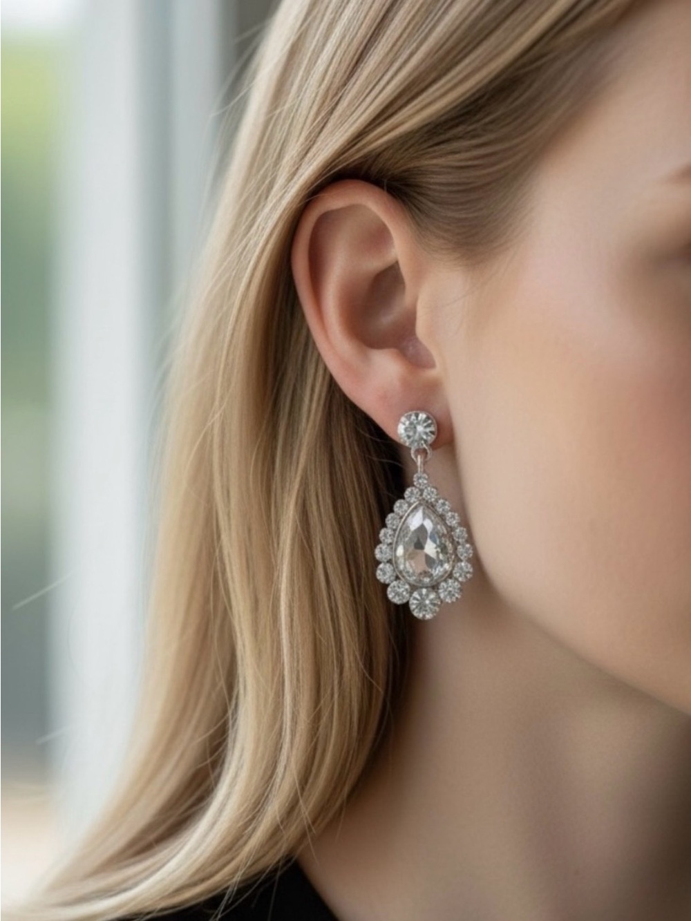 Crystal Teardrop Drop Earrings - Silver Tone